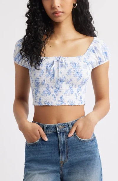 Bp. Smocked Crop Top In White- Blue Summer Toile