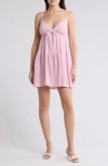Bp. Stripe Tie Front Babydoll Sundress In Pink Moonlite- White Gingham