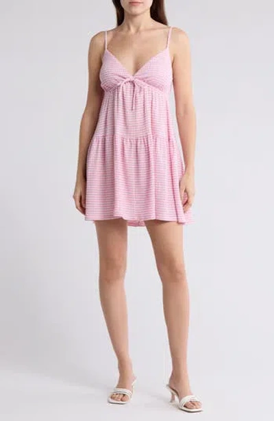Bp. Stripe Tie Front Babydoll Sundress In Pink Moonlite- White Gingham
