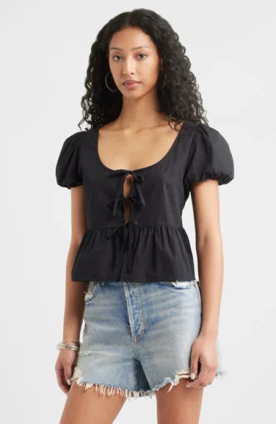 Bp. Tie Front Cotton Poplin Top In Black