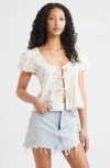 Bp. Tie Front Cotton Poplin Top In Ivory- Pink Sprig Ditsy
