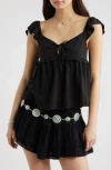 Bp. Tie Front Flutter Sleeve Babydoll Top In Black