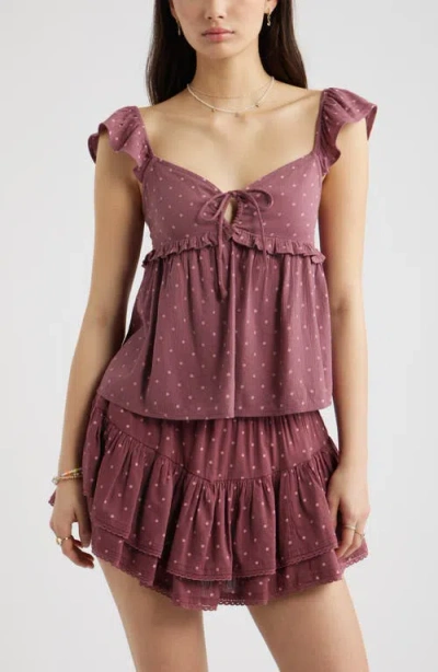 Bp. Tie Front Flutter Sleeve Babydoll Top In Burgundy