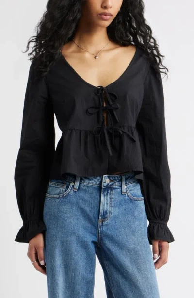Bp. Tie Front Scoop Neck Cotton Poplin Peplum Top In Black