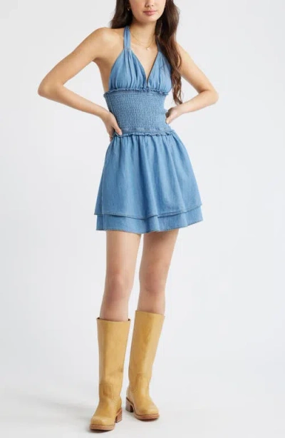 Bp. Tie Neck Tiered Halter Denim Minidress In Blue