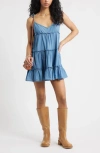 Bp. Tie Strap Tiered Denim Minidress In Blue