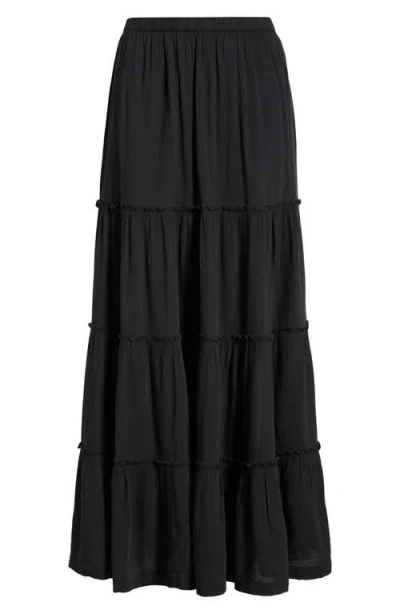 Bp. Tiered Linen Blend Crinkled Gauze Maxi Skirt In Black