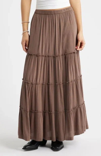 Bp. Tiered Linen Blend Crinkled Gauze Maxi Skirt In Brown