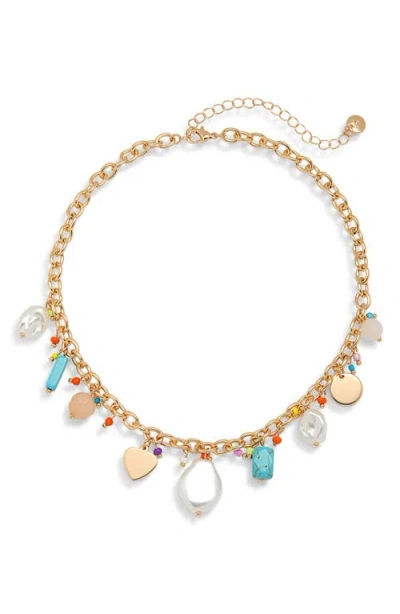 Bp. Turquoise Stone & Faux Pearl Charm Necklace In Gold