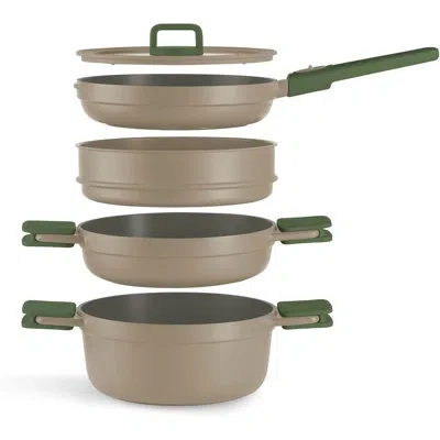 Bra Cookware Compac Pro 5-piece Stackable Ceramic Cookware Set | Cast Aluminum Pots & Pans Set W/ 1 Pot, 1 Sauté  In Glossy Grey