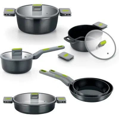 Bra Cookware Life 10-piece Ceramic Cookware Set | Recycled Cast Aluminum Pots & Pans Set W/ 2 Pots, 1 Sauté Pan,  In Glossy Grey
