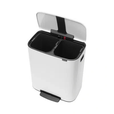 Brabantia Bo Step On Dual Compartment Recycling Trash Can, 2 X 8 Gallon (16 Gallon Capacity) In White