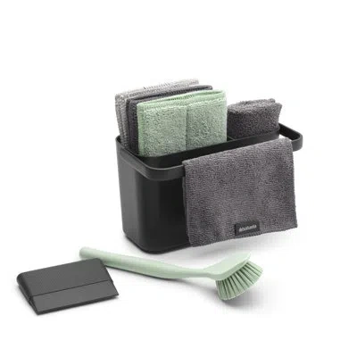 Brabantia Sinkside Cleaning Set, Cleaning Caddy, Dish Brush, Squeegee, 3 Microfiber Cleaning Pads And 2 Microf In Matte Black
