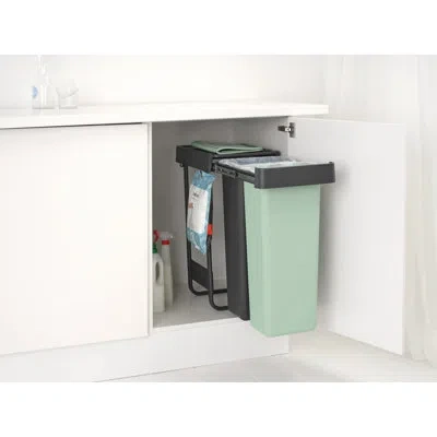 Brabantia Sort & Go Pull Out In-cabinet Plastic Dual Compartment Recycling Bin, 2 X 8 Gallon (2 X 30l) In Dark Gray & Jade Green