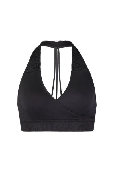 Brabar Hug Lace Halter B-tween T-strap Sports Bralette In Black