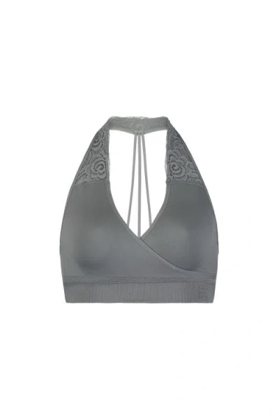 Brabar Hug Lace Halter B-tween T-strap Sports Bralette In Gray