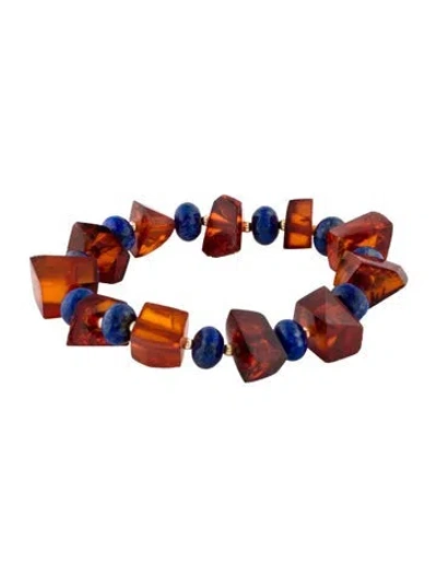 Pre-owned Bracelet 10k Amber & Lapis Lazuli Beaded , 7" In Multi