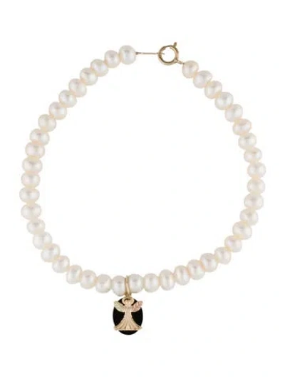 Pre-owned Bracelet 10k Pearl & Onyx Charm , 7" In Multi