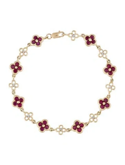 Pre-owned Bracelet 10k Ruby & Diamond Floral Link , 6.75" In Multi