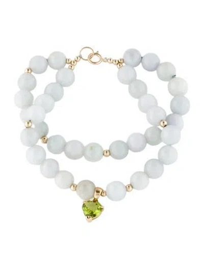 Pre-owned Bracelet 14k 1.54ctw Peridot & Jadeite Double Strand Bead , 5.75" In Blue