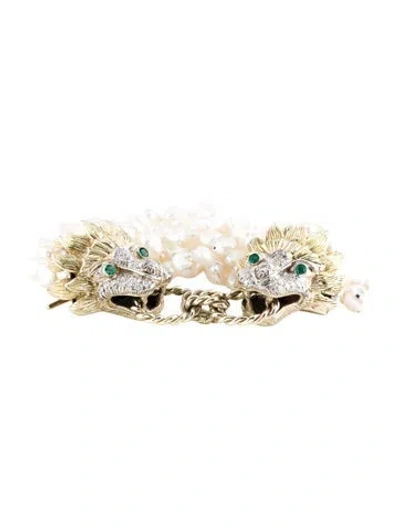 Pre-owned Bracelet 14k 2.08ctw Diamond, Emerald & Pearl Multi Strand , 6.5"