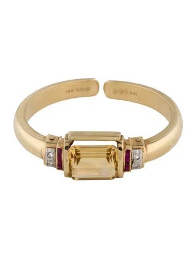 Pre-owned Bracelet 14k 7.68ct Citrine, Ruby & Diamond Cuff, 5.25" In Multi