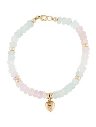 Pre-owned Bracelet 14k Aquamarine & Morganite Heart Charm Bead , 7" In White