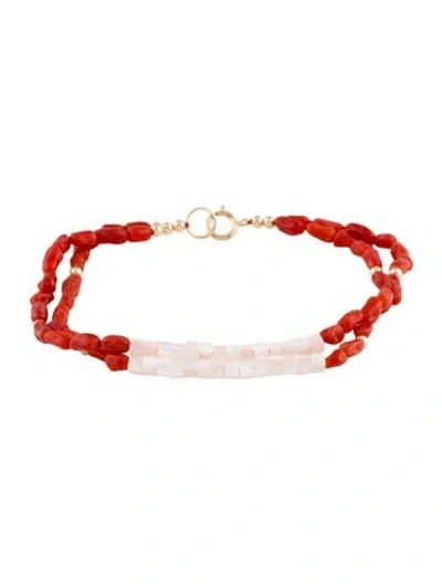 Pre-owned Bracelet 14k Coral & Mother Of Pearl Double Strand Bead , 6.75" In Multi