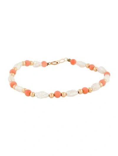 Pre-owned Bracelet 14k Cultured Pearl & Coral Bead , 6.5" In Multi