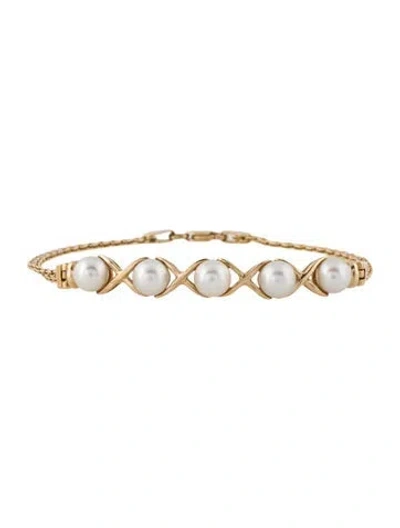 Pre-owned Bracelet 14k Cultured Pearl Five Stone Link , 6.75" In Multi