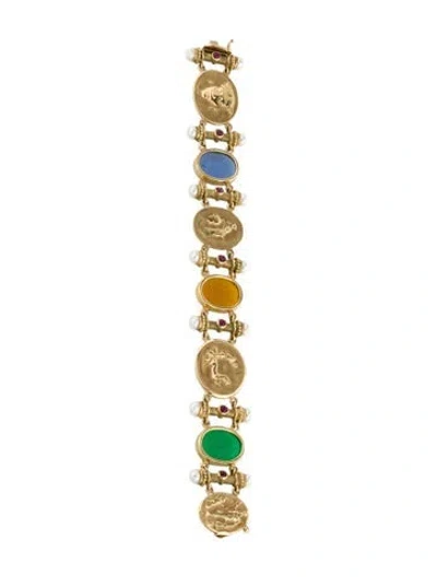 Pre-owned Bracelet 14k Cultured Pearl, Ruby, & Glass Intaglio Link , 7.25" In Multi