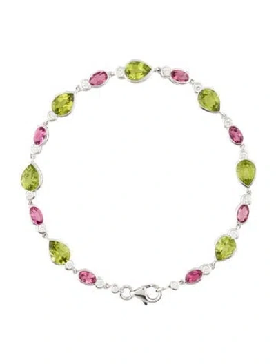 Pre-owned Bracelet 14k Diamond, 5.20ctw Peridot & Pink Tourmaline Link , 6.75" In Multi