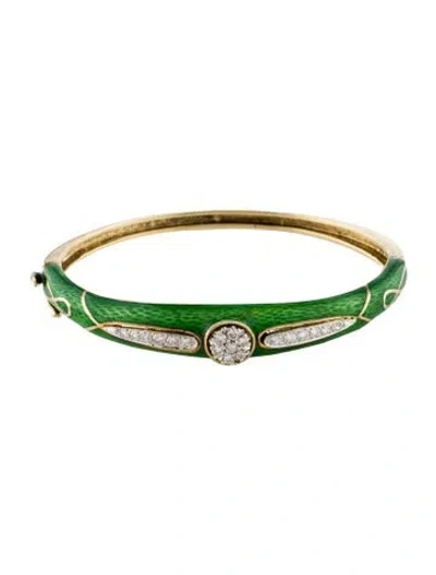 Pre-owned Bracelet 14k Diamond & Enamel Bangle , 6.5" In Green