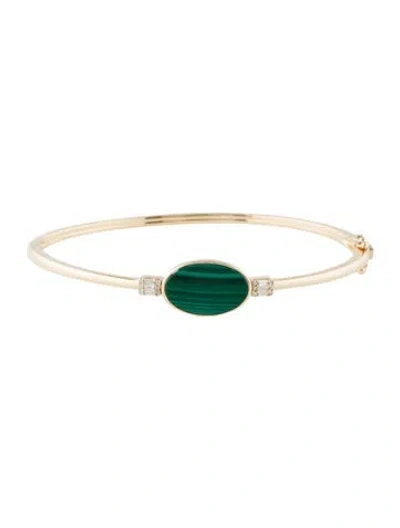 Pre-owned Bracelet 14k Diamond & Malachite Station Bangle , 6.75" In Multi