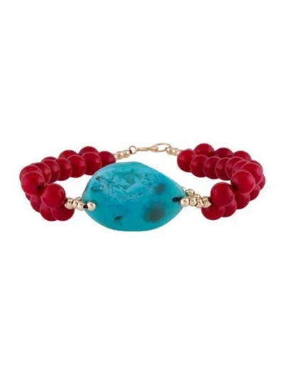 Pre-owned Bracelet 14k Dyed Coral & Turquoise Double Strand Bead , 6" In Multi