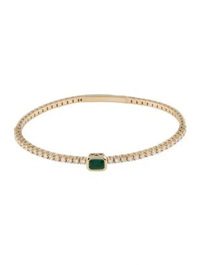 Pre-owned Bracelet 14k Emerald & Diamond Flexible Bangle, 6.5" In Multi