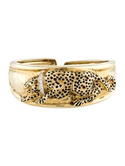 Pre-owned Bracelet 14k Emerald, Diamond & Enamel Leopard Motif Cuff , 6.25" In Black