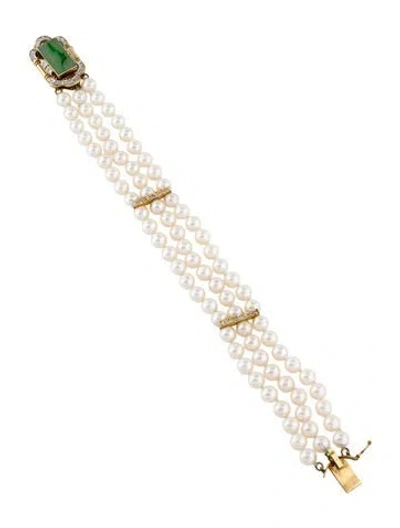 Pre-owned Bracelet 14k Jadeite & Diamond Multi Pearl Strand , 6.5"
