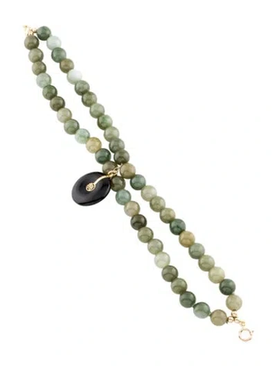 Pre-owned Bracelet 14k Jadeite & Onyx Double Strand Fortune Charm , 7" In Multi