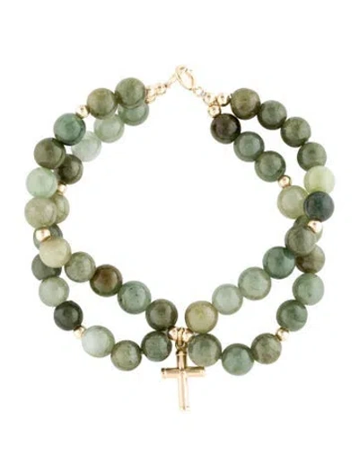 Pre-owned Bracelet 14k Jadeite Double Strand Bead Cross Charm , 6.25" In Multi