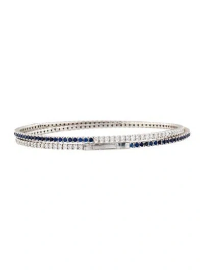 Pre-owned Bracelet 14k Lab-grown Diamond & Sapphire Two Row Flex Bangle , 6.75" In Multi