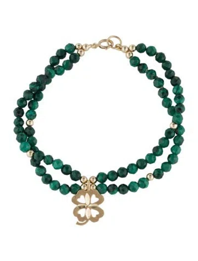 Pre-owned Bracelet 14k Malachite Four Leaf Clover Multistrand Bead , 6.5"