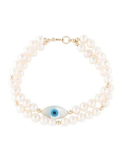 Pre-owned Bracelet 14k Mother Of Pearl, Pearl & Resin Evil Eye Charm , 6.5" In Multi
