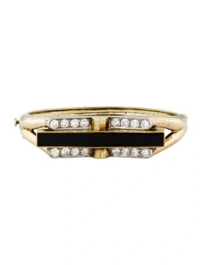 Pre-owned Bracelet 14k Onyx & Diamond Station Hinged Bangle , 6.5" In Multi