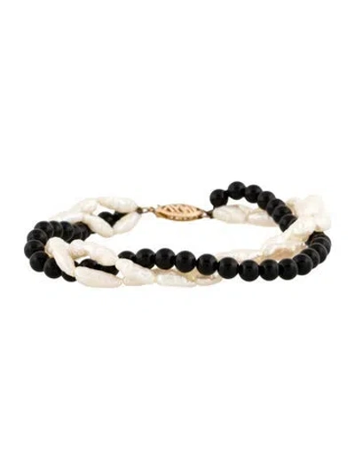 Pre-owned Bracelet 14k Onyx & Pearl Twisted , 6.25" In Multi