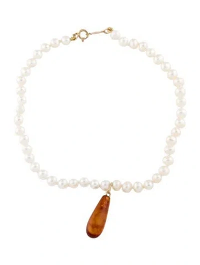 Pre-owned Bracelet 14k Pearl & Amber Bead , 7.5" In Multi