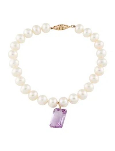 Pre-owned Bracelet 14k Pearl & Amethyst Bead Charm , 7" In Multi