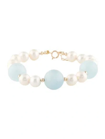 Pre-owned Bracelet 14k Pearl & Aquamarine Bead , 6.75" In Multi