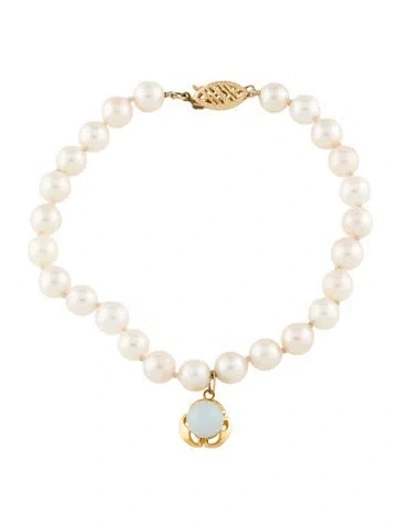 Pre-owned Bracelet 14k Pearl & Aquamarine Charm , 7" In Multi