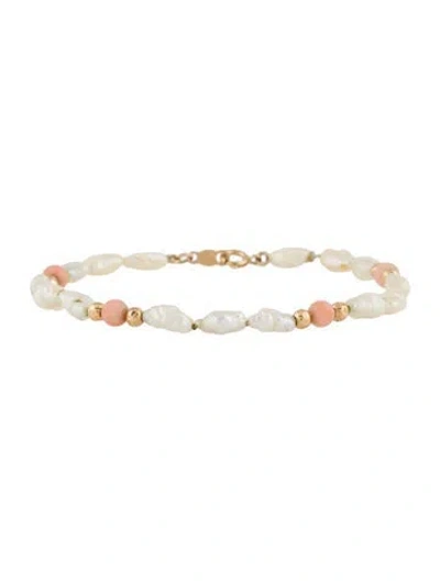 Pre-owned Bracelet 14k Pearl & Coral Bead , 6.5" In Multi